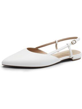 Women's White Pu Slingback Pointed Toe Ballet Flats Buckle Strap Casual Shoes